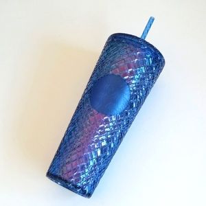 Starbucks Blue Iridescent Gem Summer Bling Grid Cold Cup 24 oz Tumbler Straw Lid